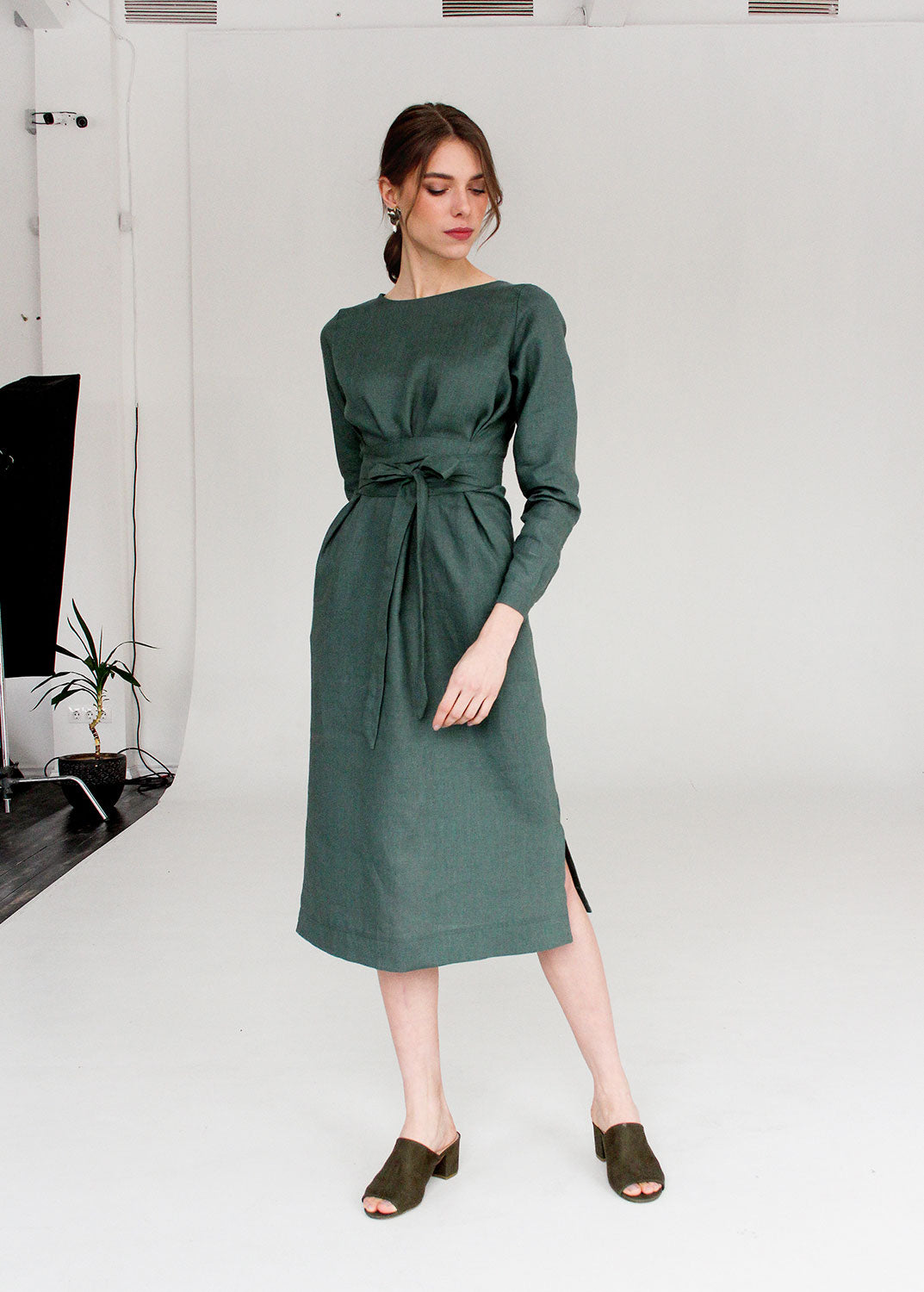 "Audrey" Sage Green Linen Dress