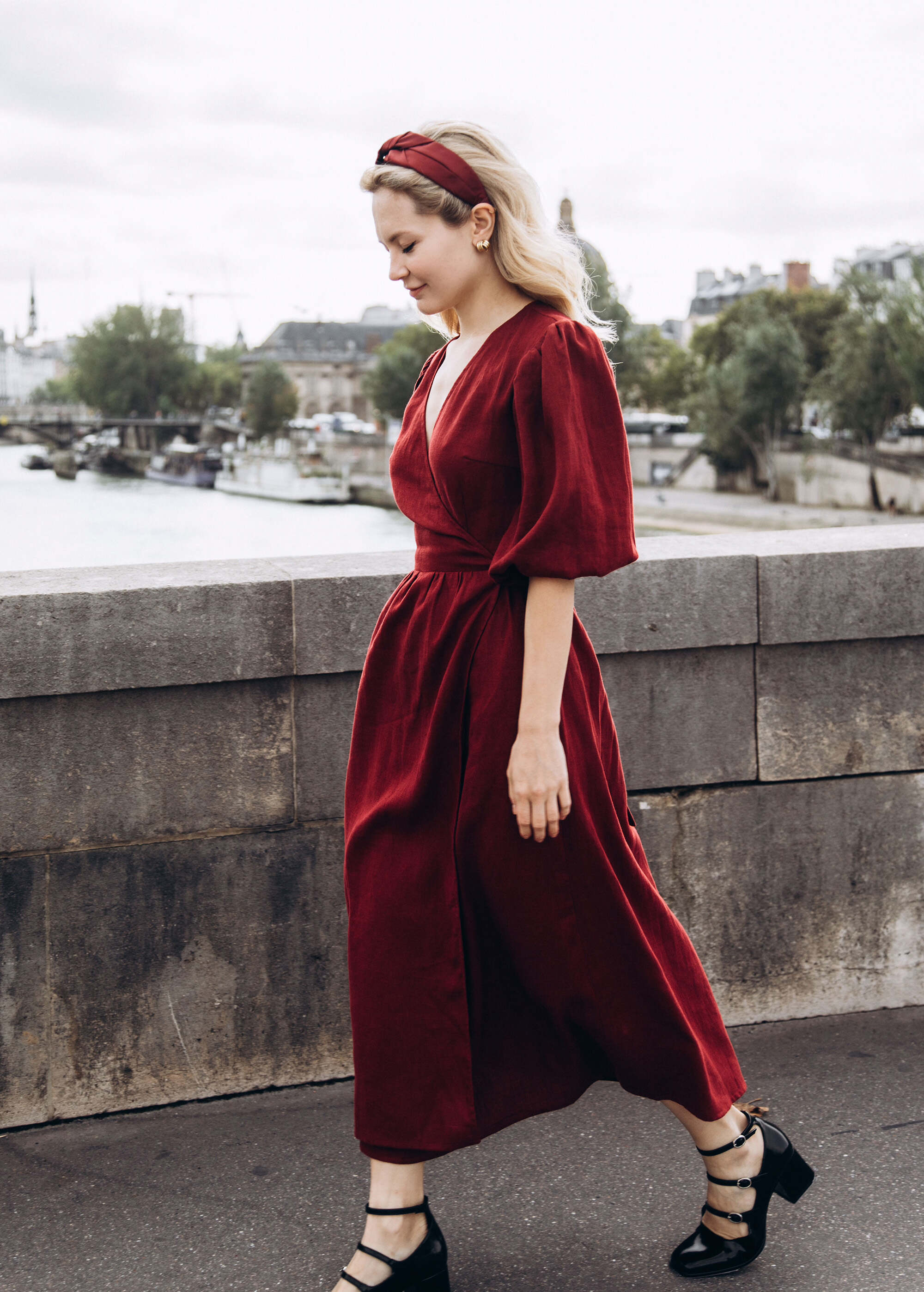 Olivia Burgundy Linen Wrap dress