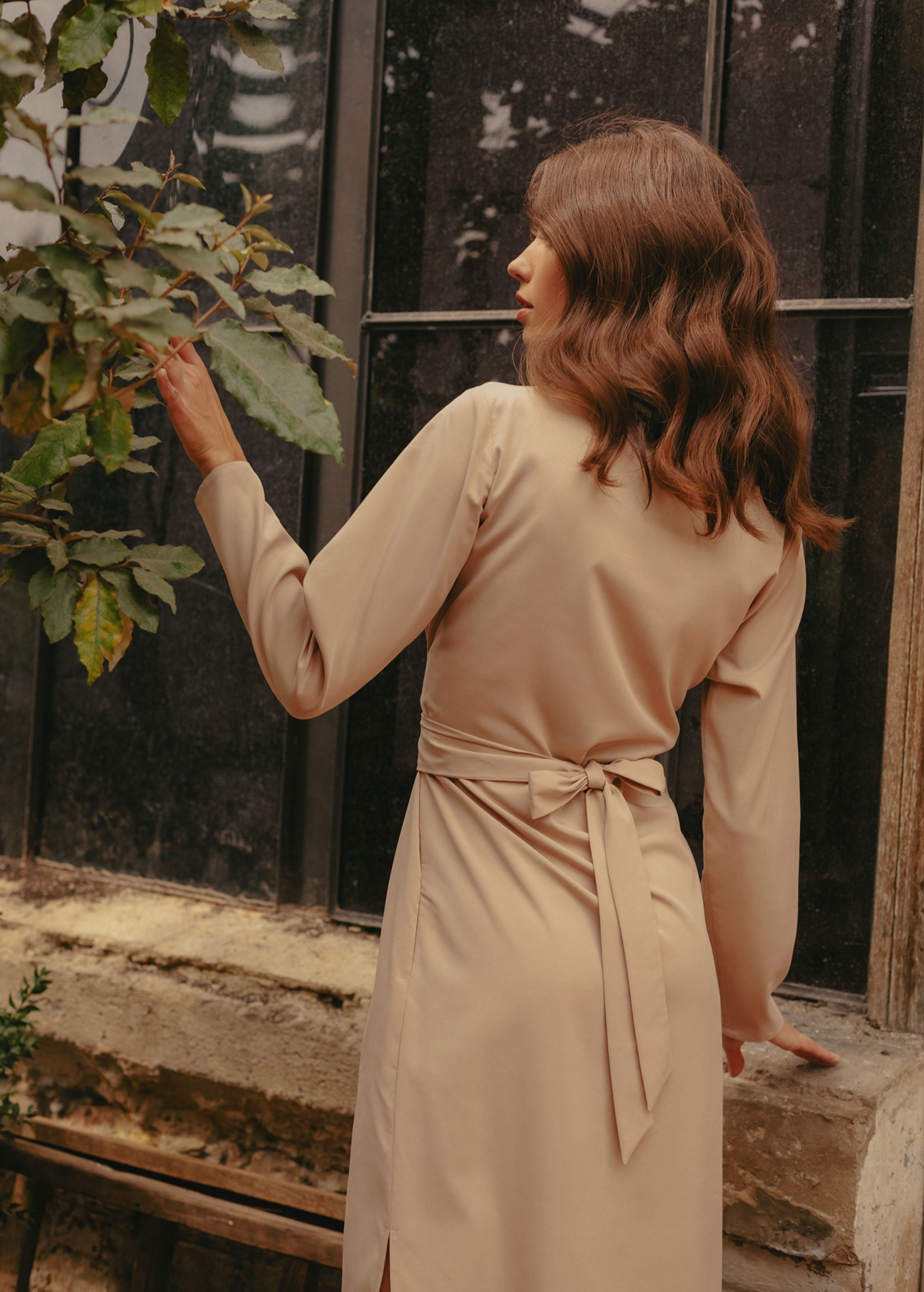 "Audrey" Beige Midi Dress