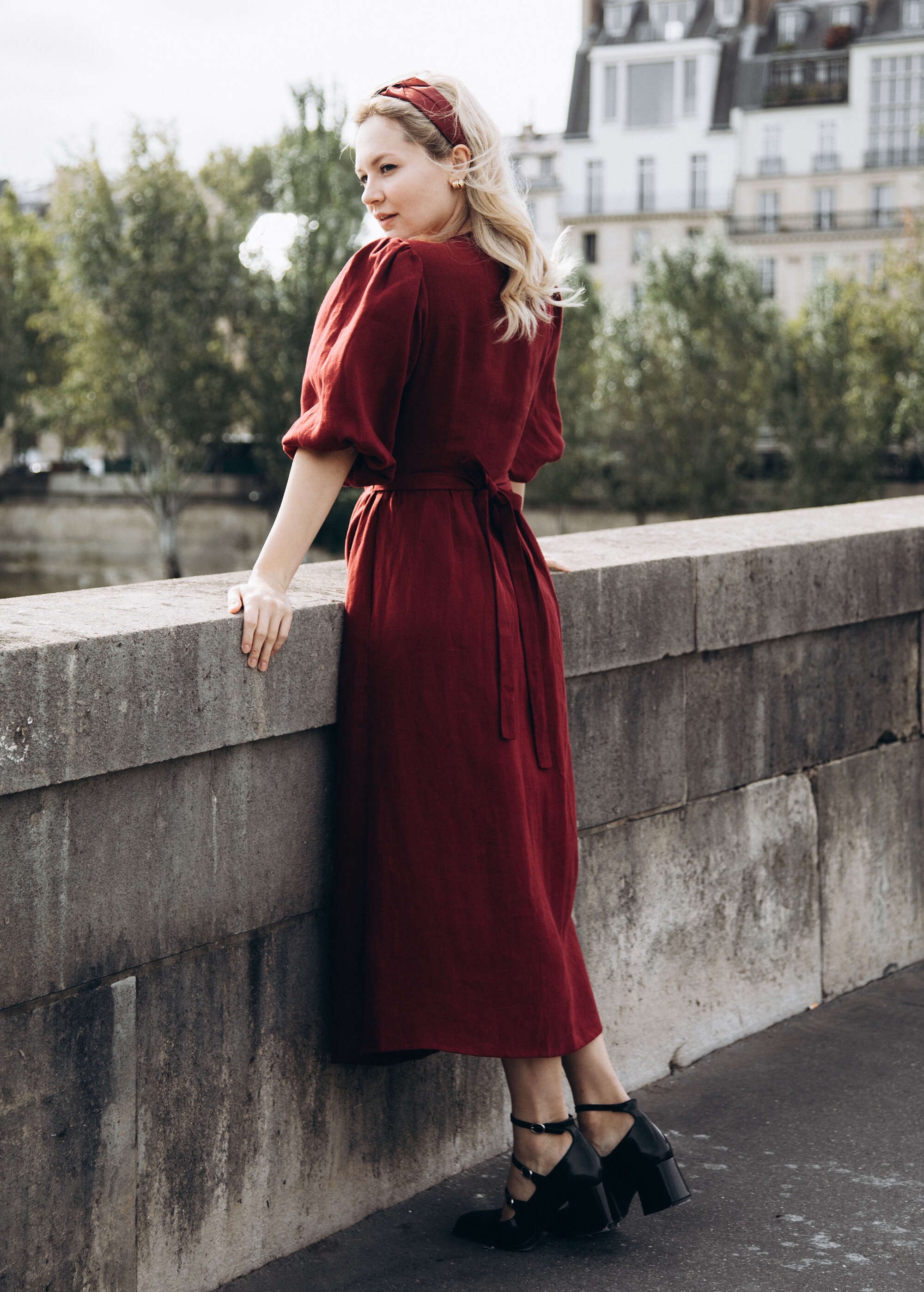 Olivia Burgundy Linen Wrap dress