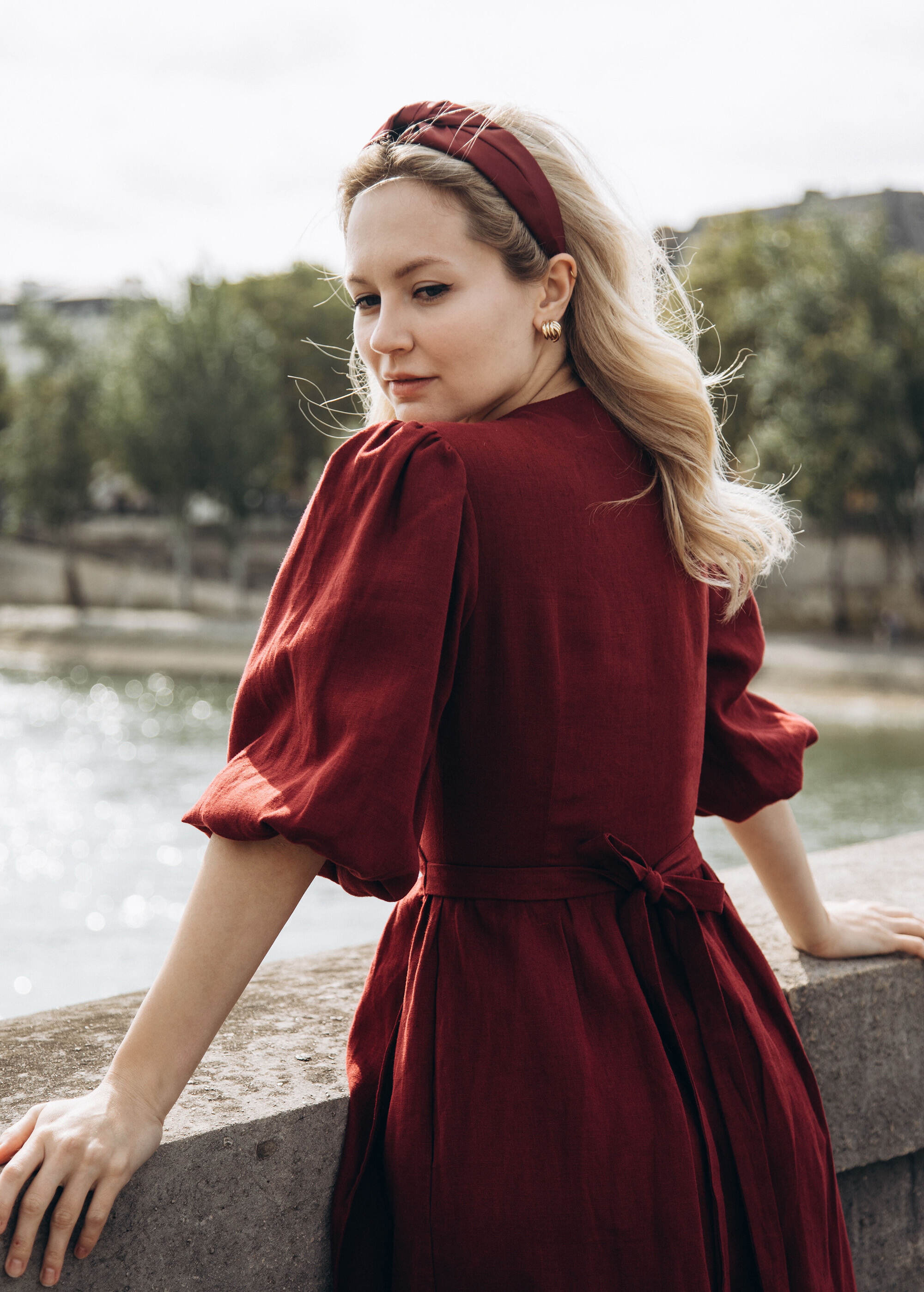 Olivia Burgundy Linen Wrap dress