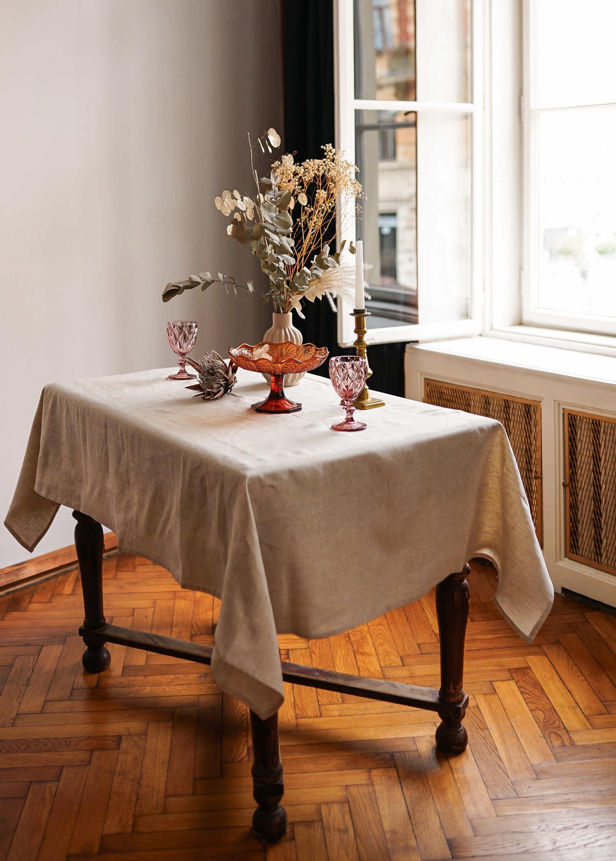 a table with a white table cloth on it