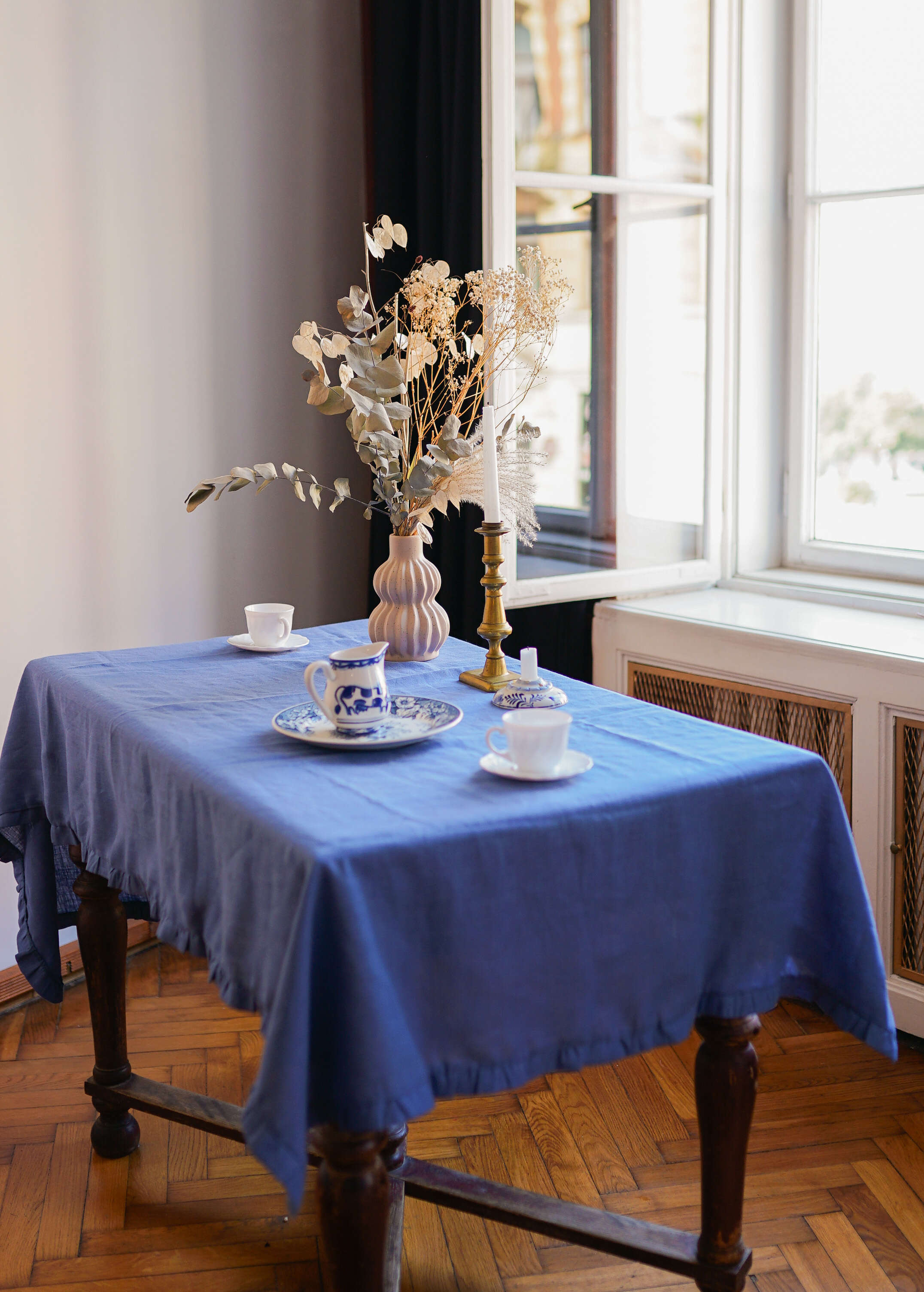 Blue Linen Tablecloth with Ruffles