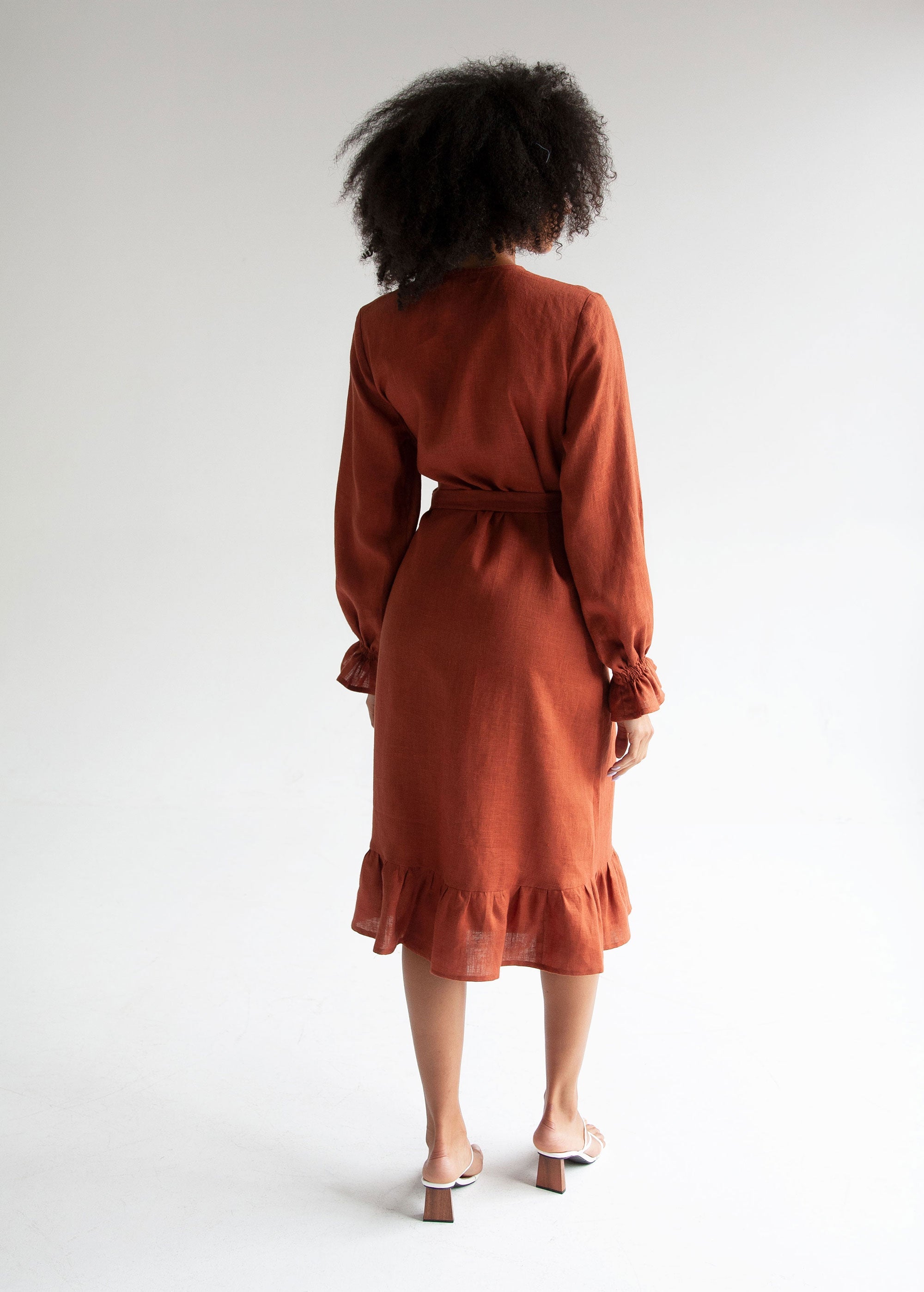"Jennifer" Burnt Orange Linen Midi Wrap Dress