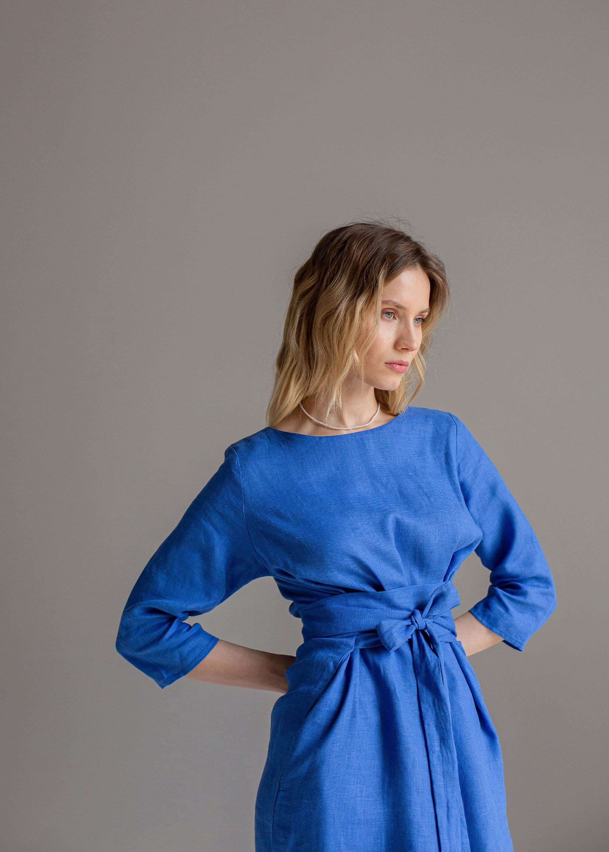 "Audrey" Blue Linen Maxi Dress