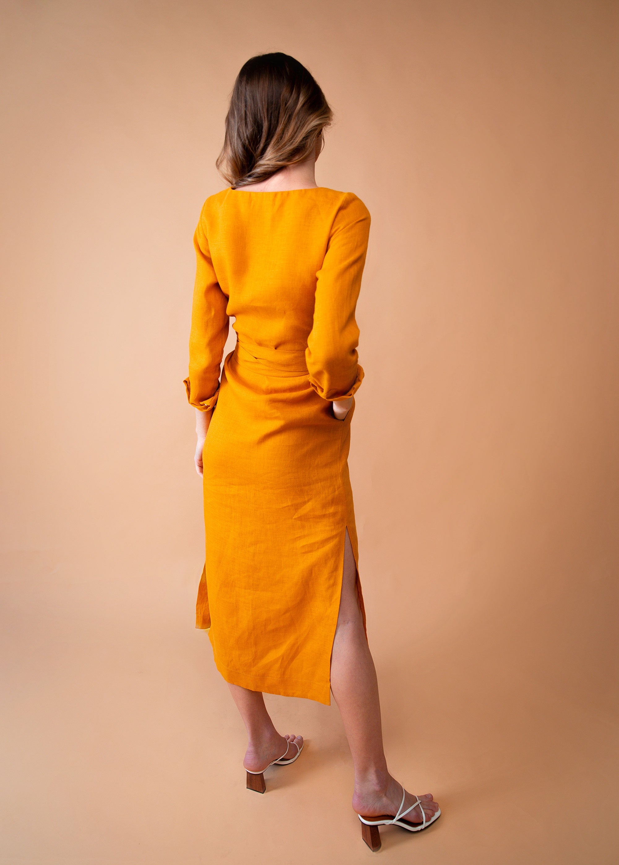 "Audrey" Linen Mustard Yellow Maxi Dress