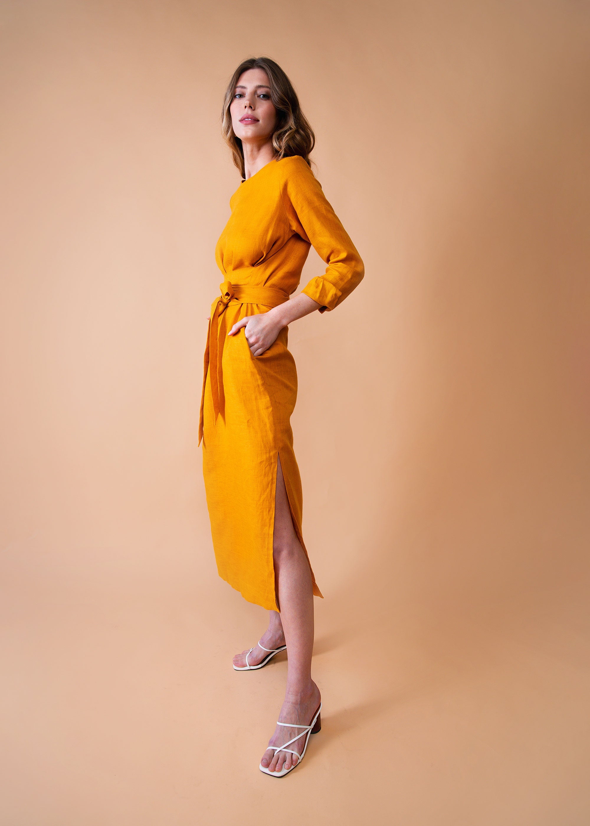"Audrey" Linen Mustard Yellow Maxi Dress