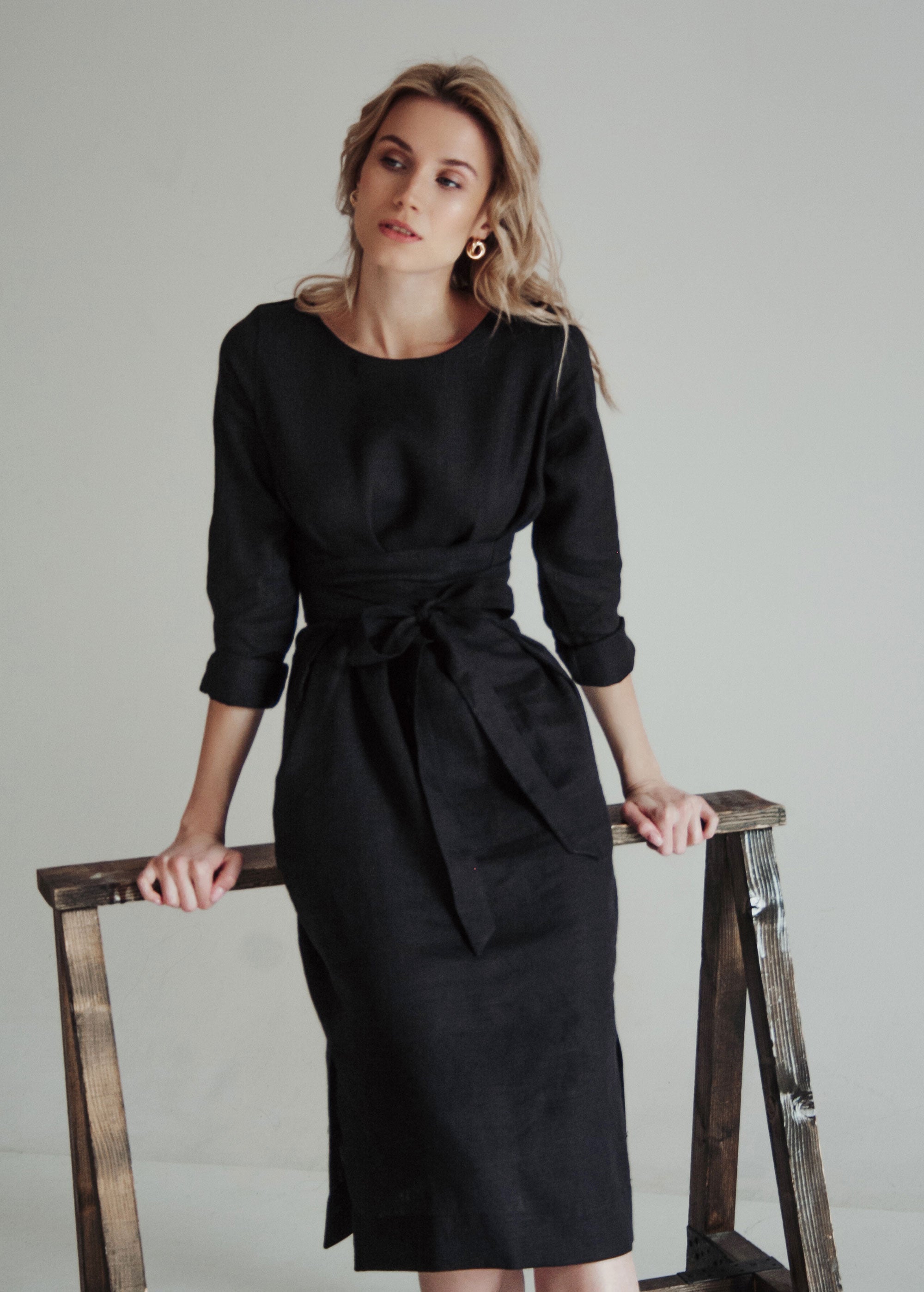 "Audrey" Black Linen Dress