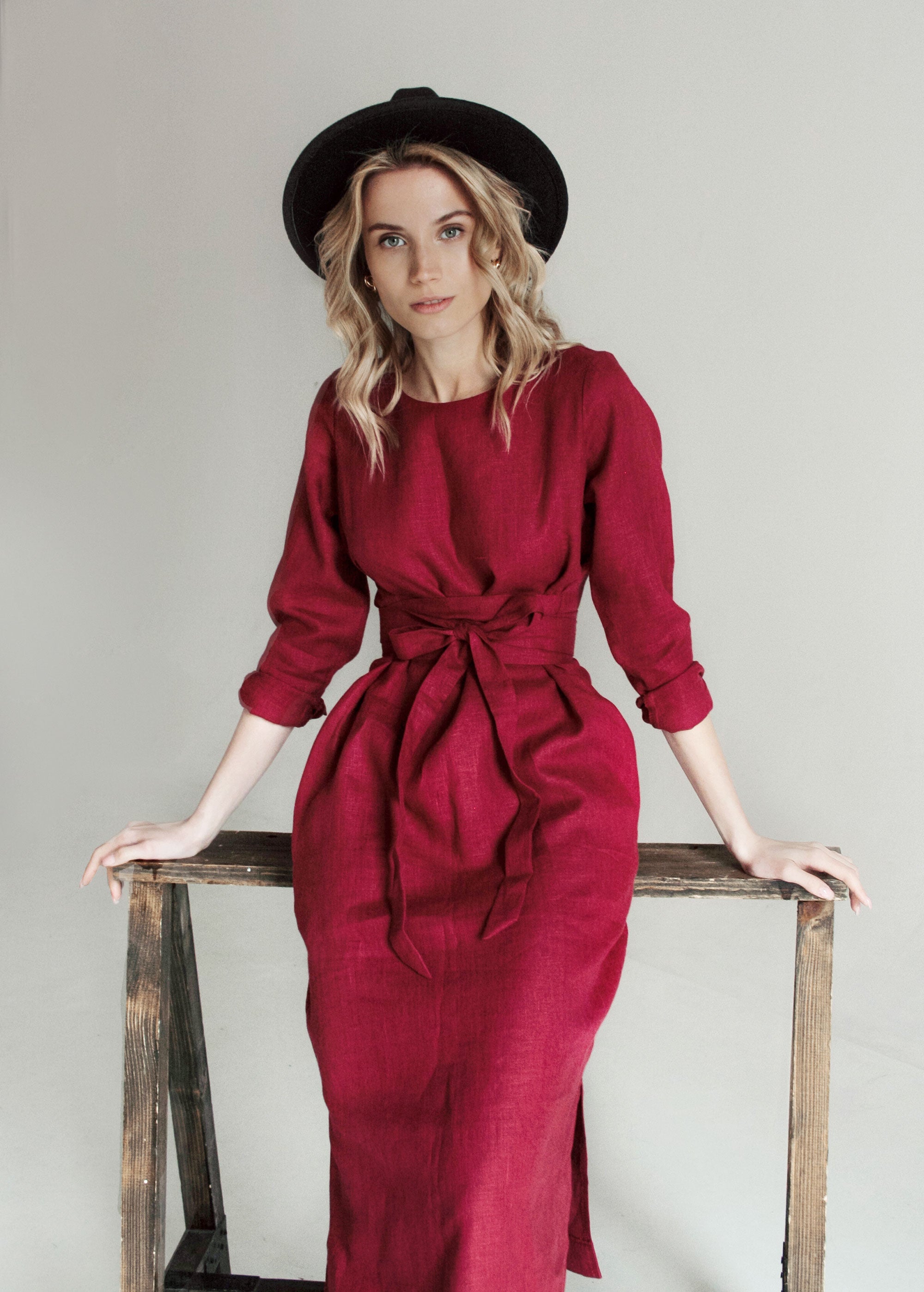 Long sleeve burgundy linen dress, burgundy midi dress | Nich Linen Long sleeve burgundy linen dress, burgundy midi dress | Nich Linen