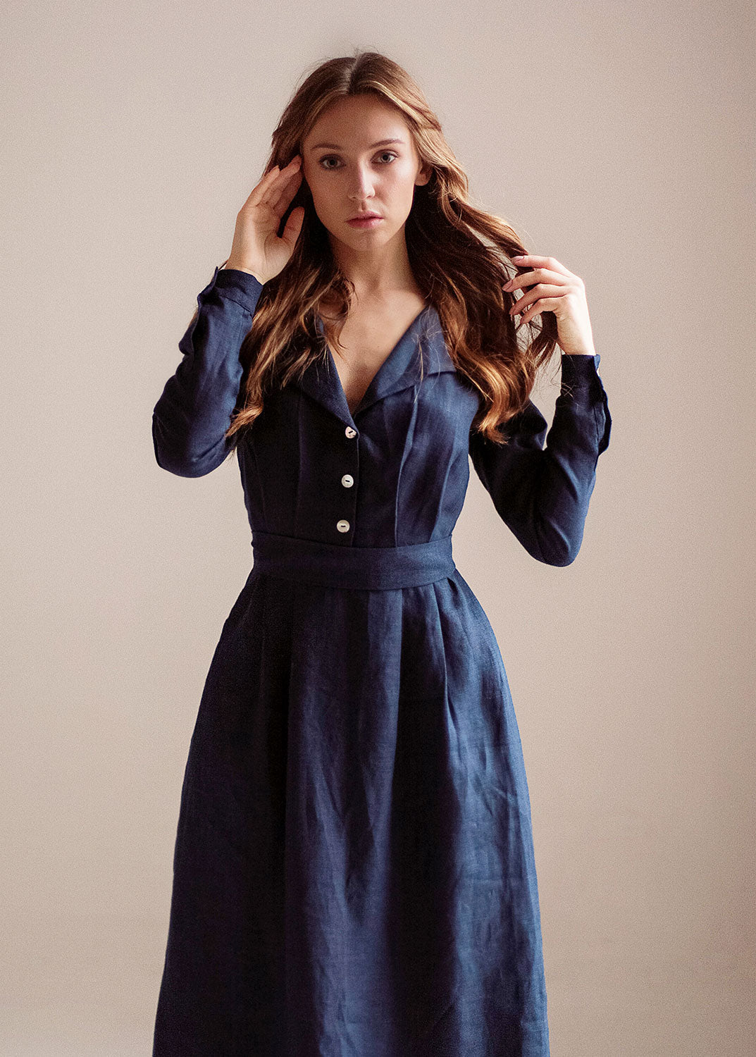 "Janet" Linen Navy Blue Maxi Dress with sleeves