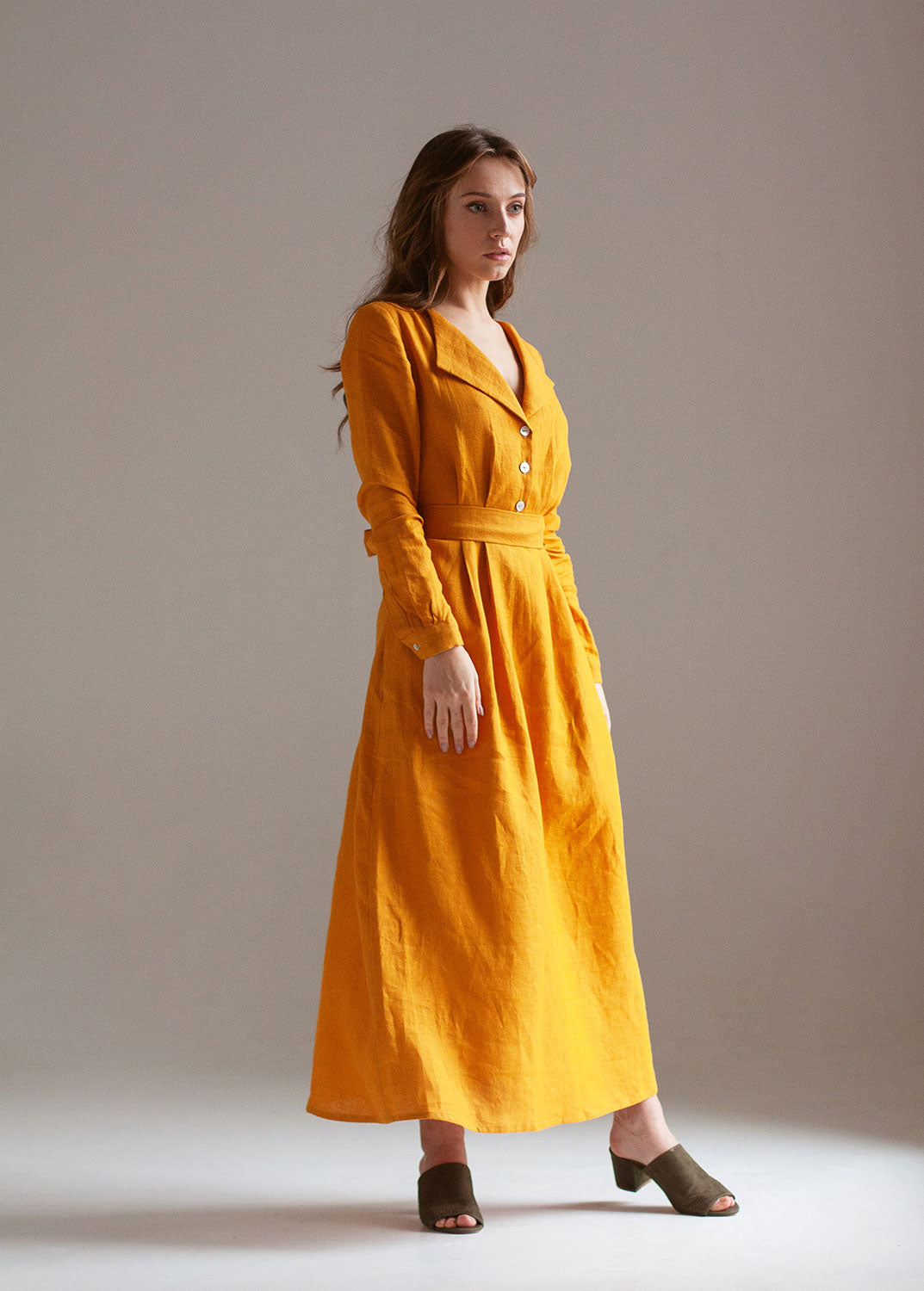 "Janet" Mustard Yellow Linen Maxi Dress with buttons