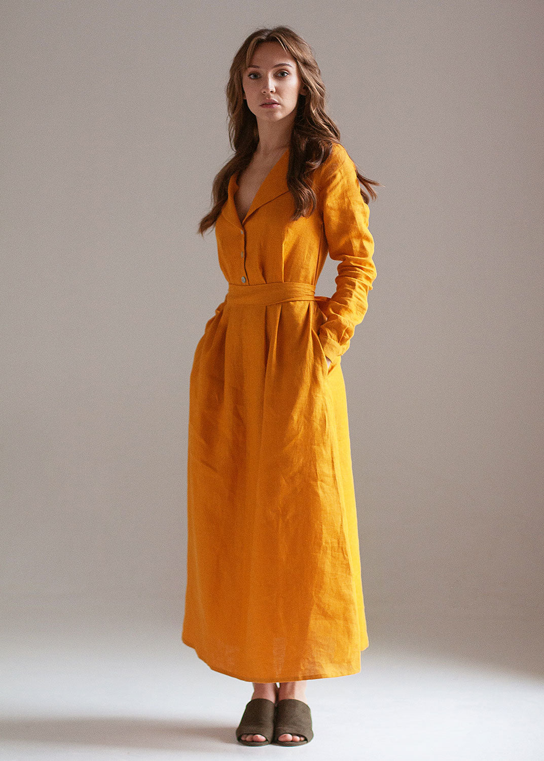 "Janet" Mustard Yellow Linen Maxi Dress with buttons