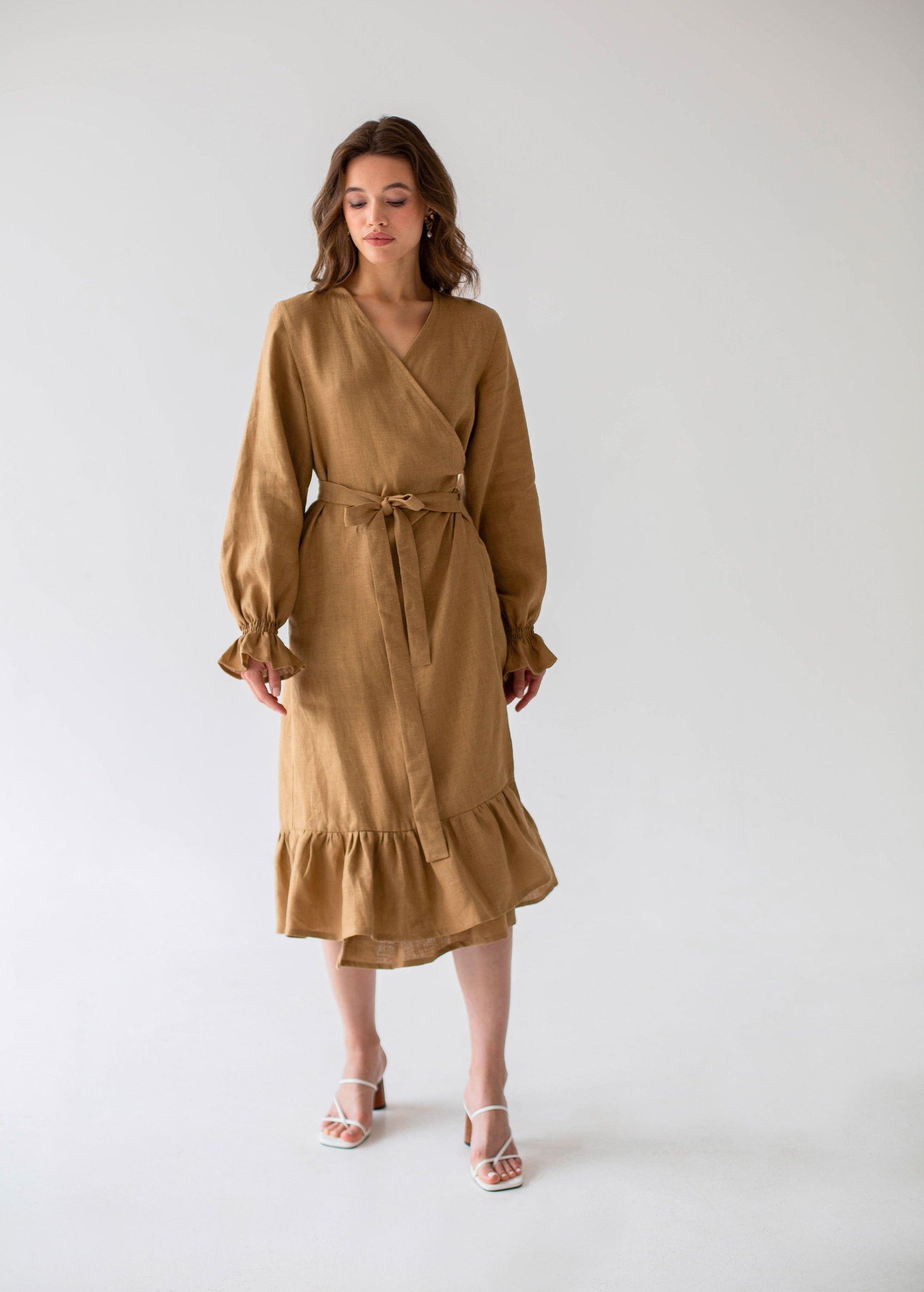 "Jennifer" Sand Linen Midi Wrap Dress