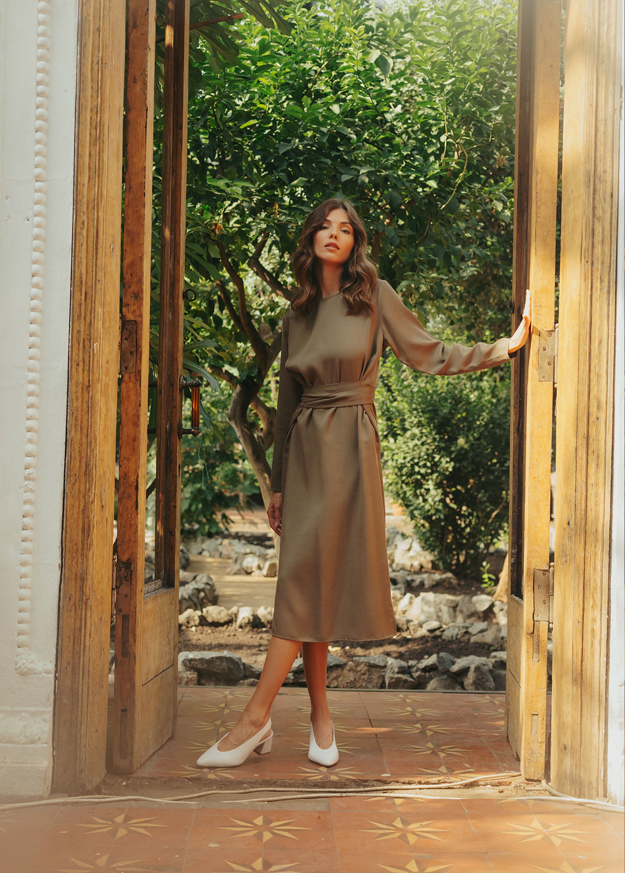 "Audrey" Khaki Green Midi Dress