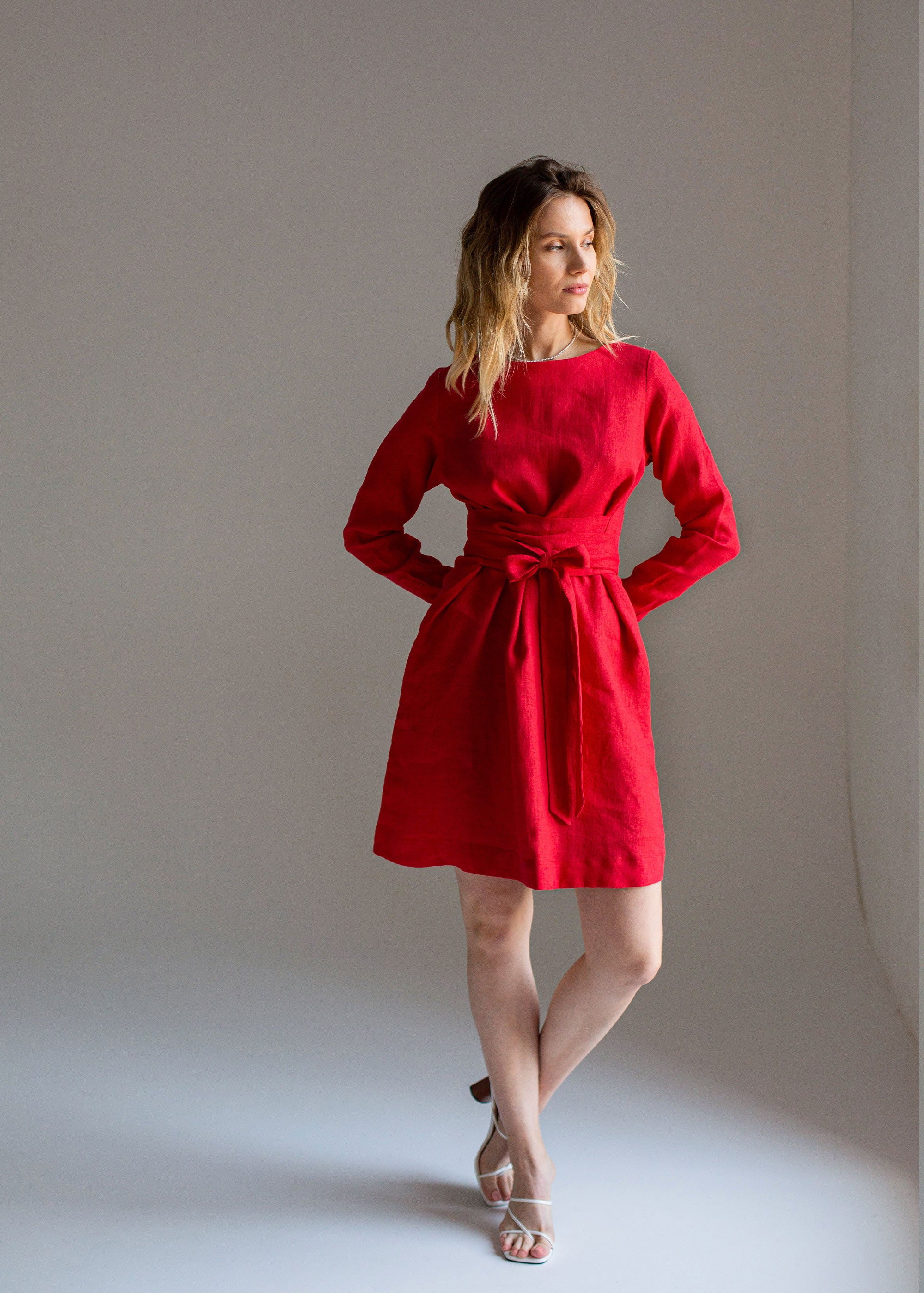 XS size "Audrey" Classic Red Mini Linen Dress