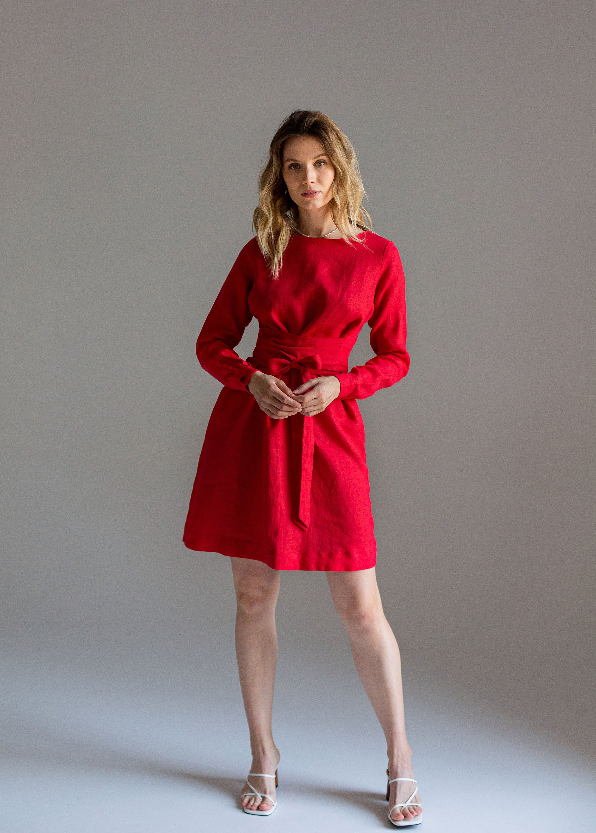 XS size "Audrey" Classic Red Mini Linen Dress