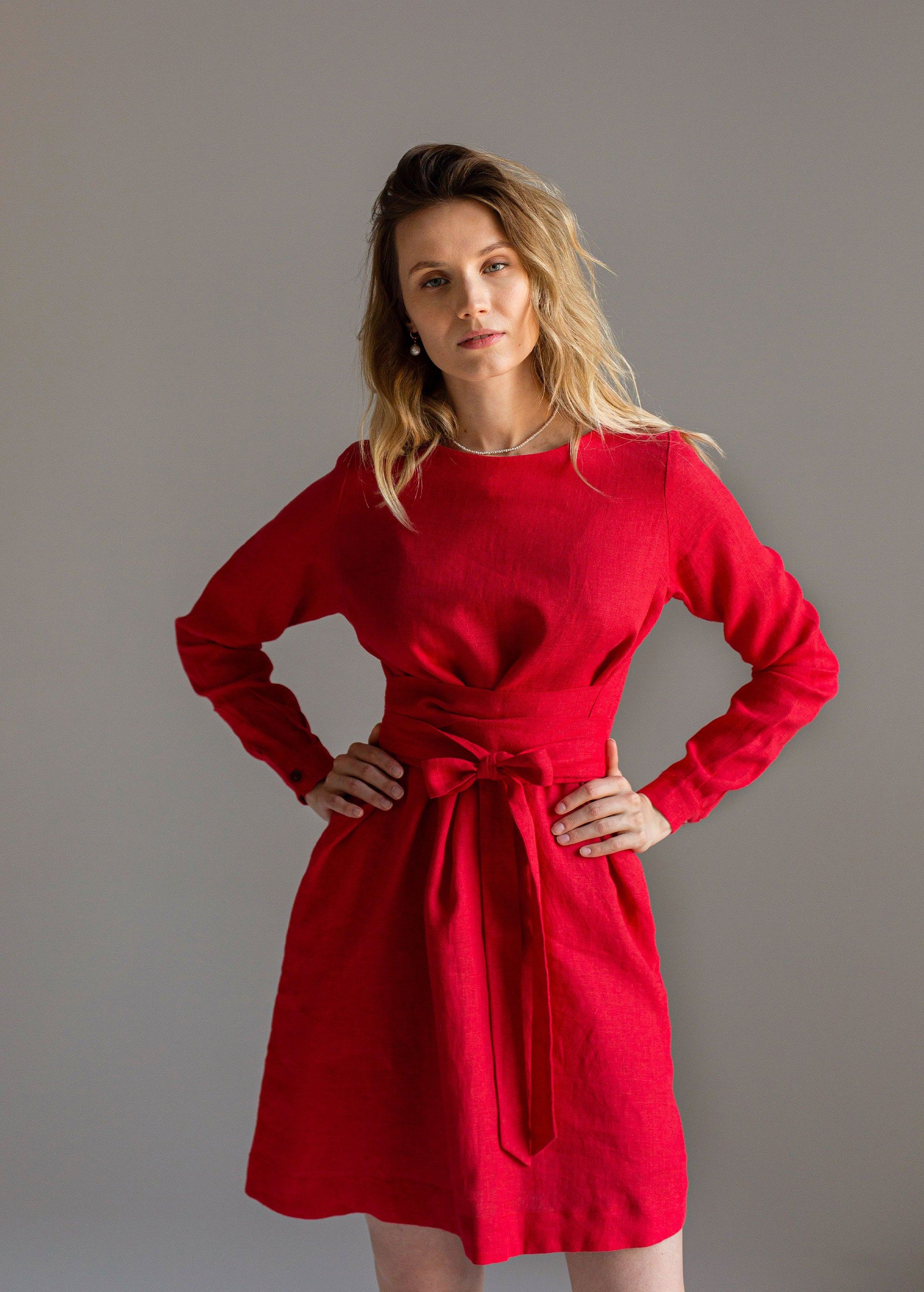 XS size "Audrey" Classic Red Mini Linen Dress