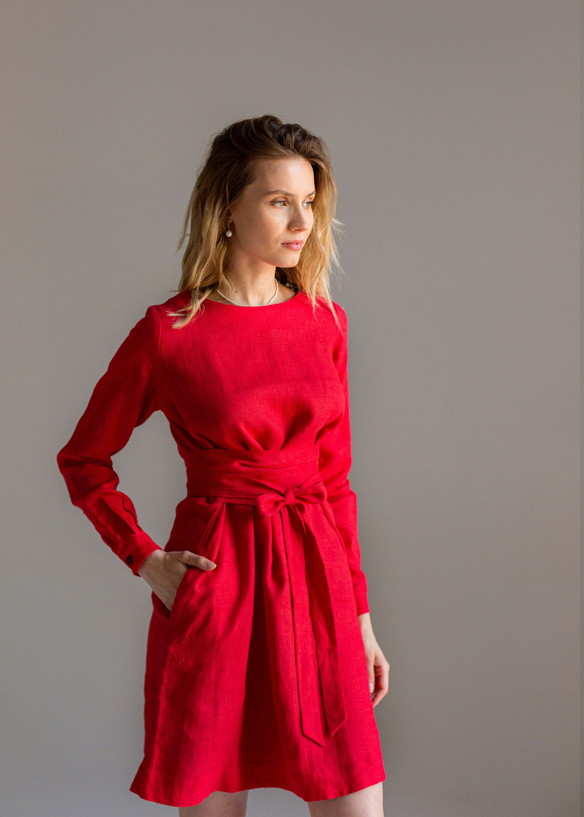 XS size "Audrey" Classic Red Mini Linen Dress