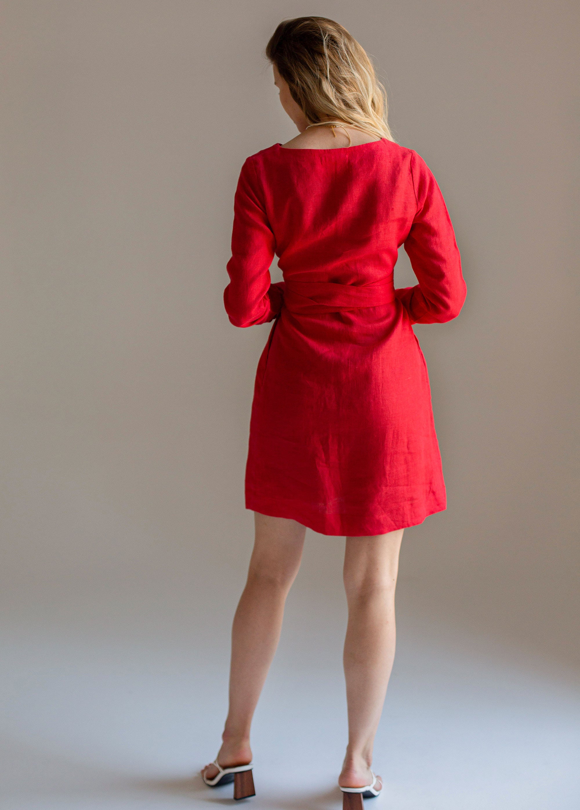 XS size "Audrey" Classic Red Mini Linen Dress