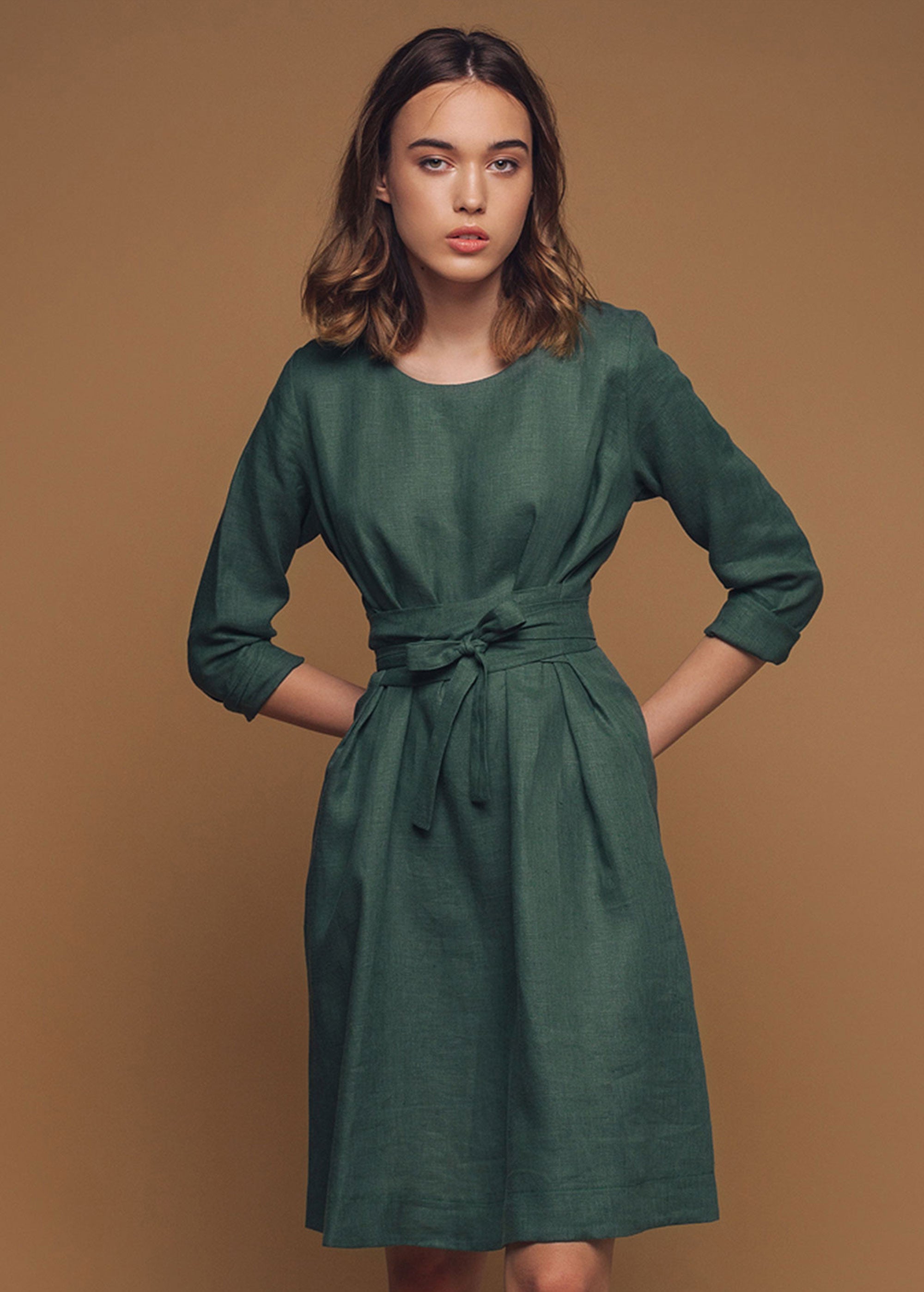 "Audrey"  Moss Green Yellow Mini Dress
