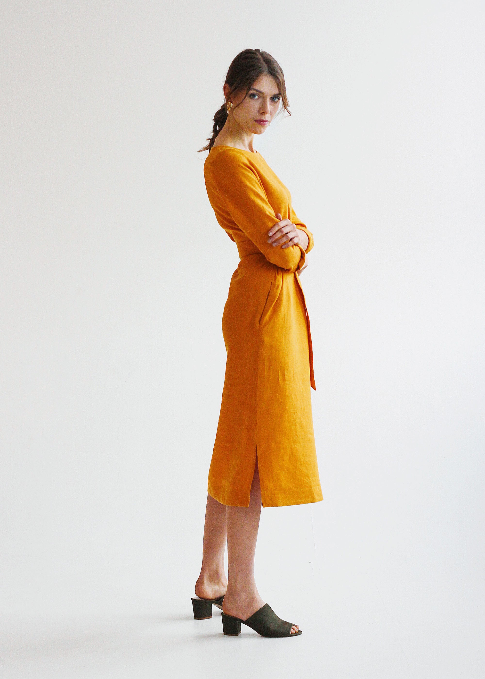 "Audrey" Mustard Yellow Midi Dress