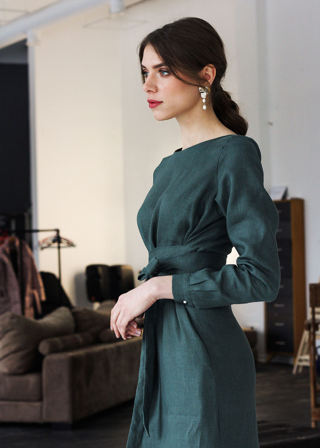 "Audrey" Sage Green Linen Dress