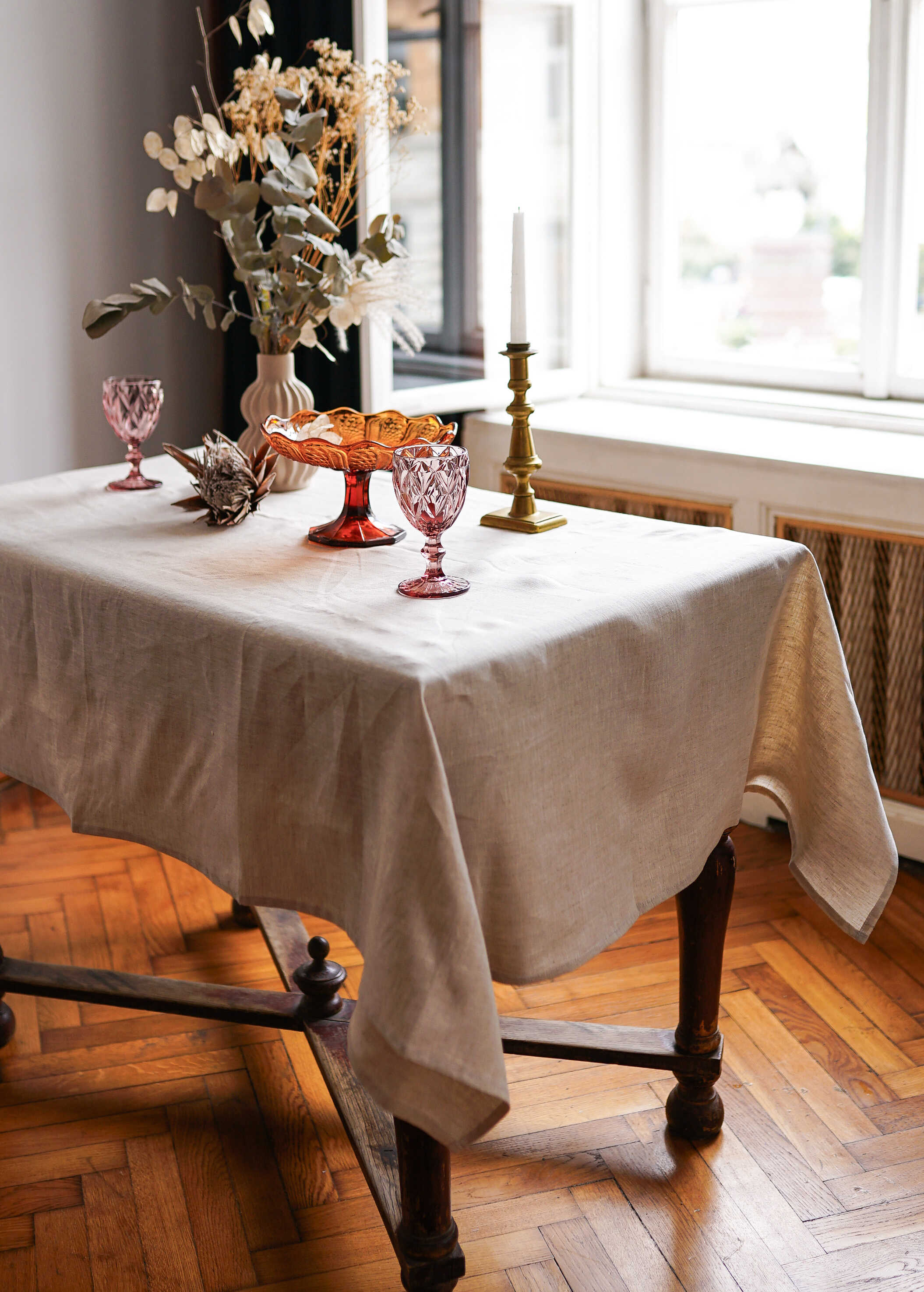 a table with a white table cloth on it