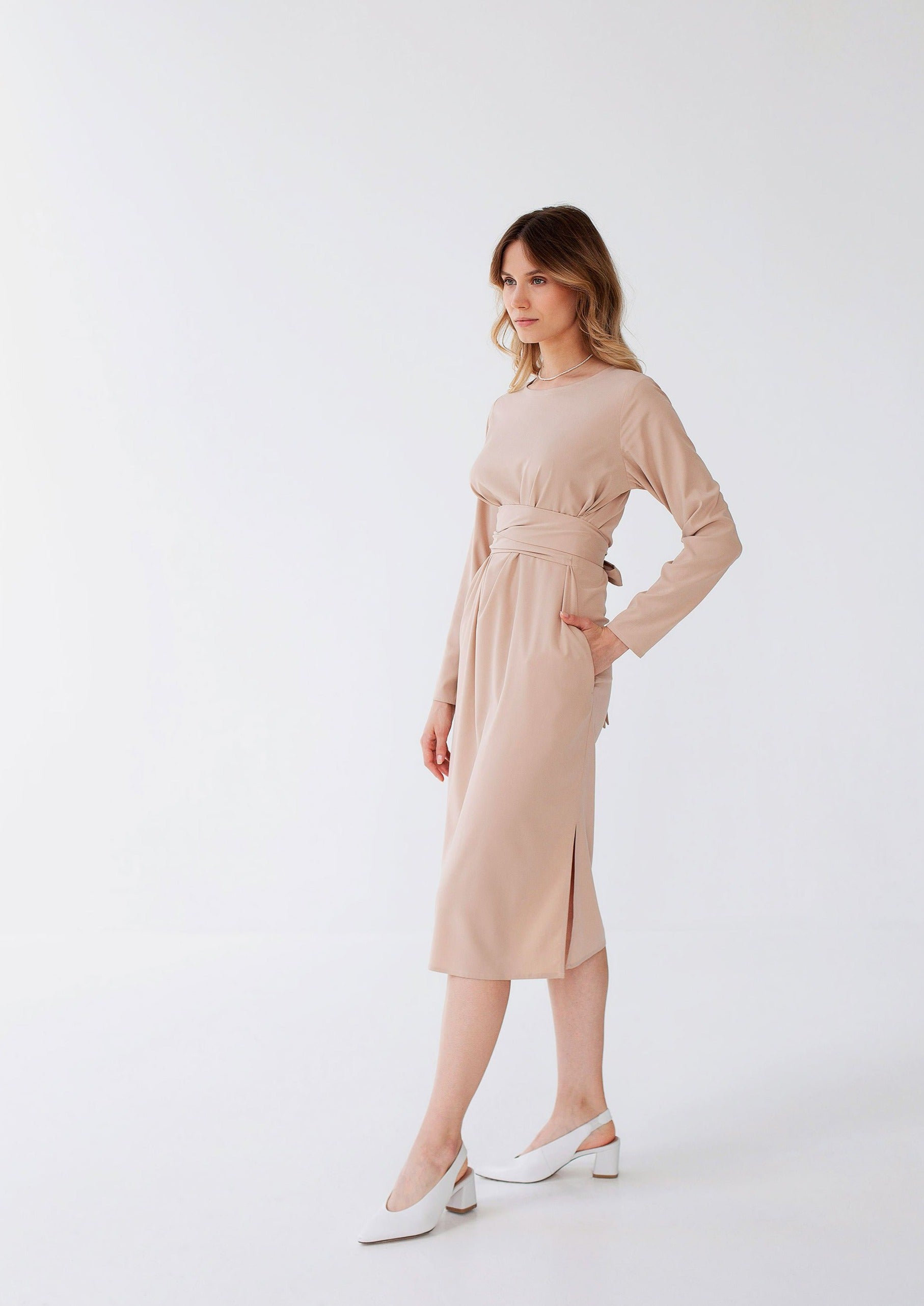 "Audrey" Beige Midi Dress