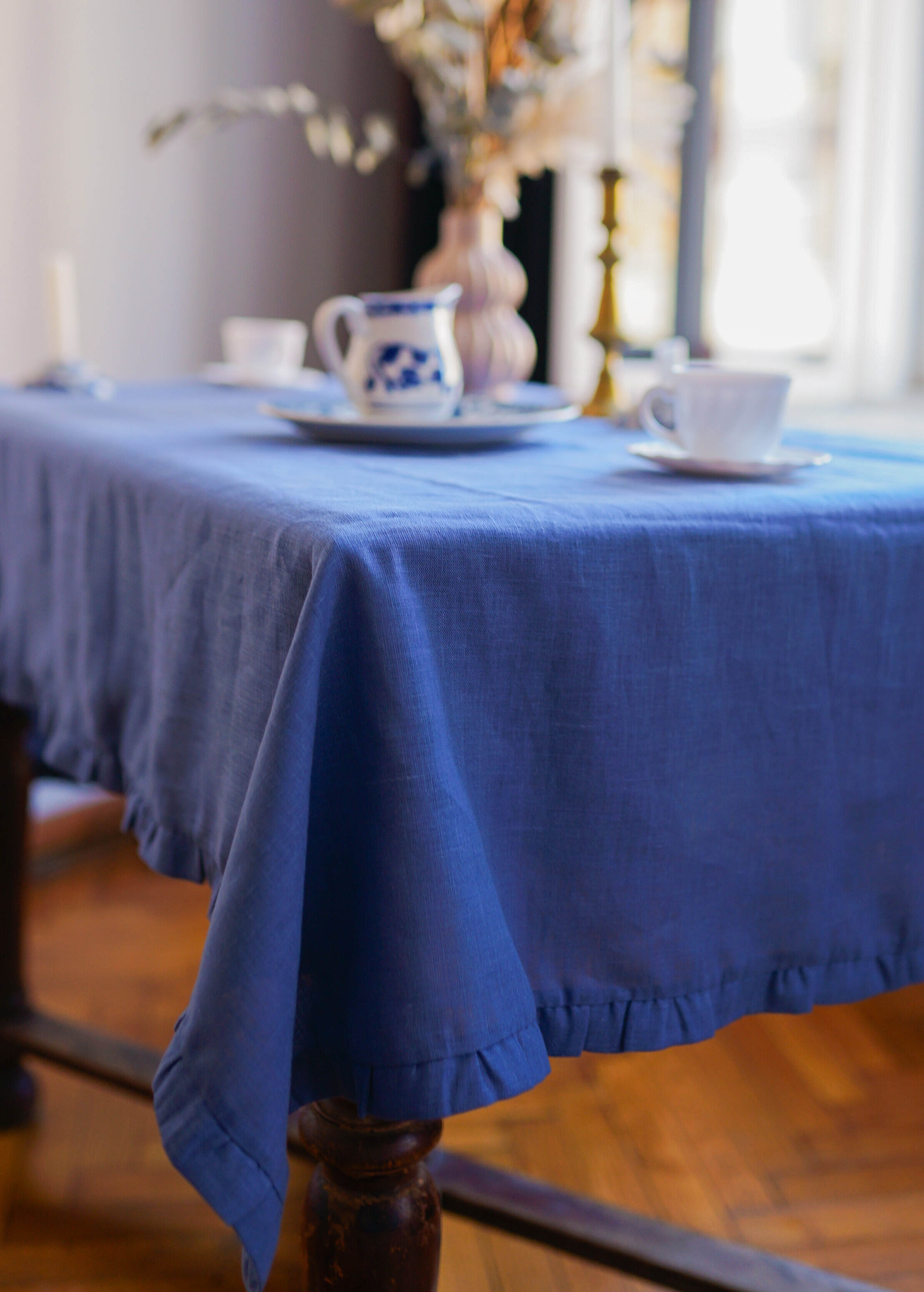 Blue Linen Tablecloth with Ruffles
