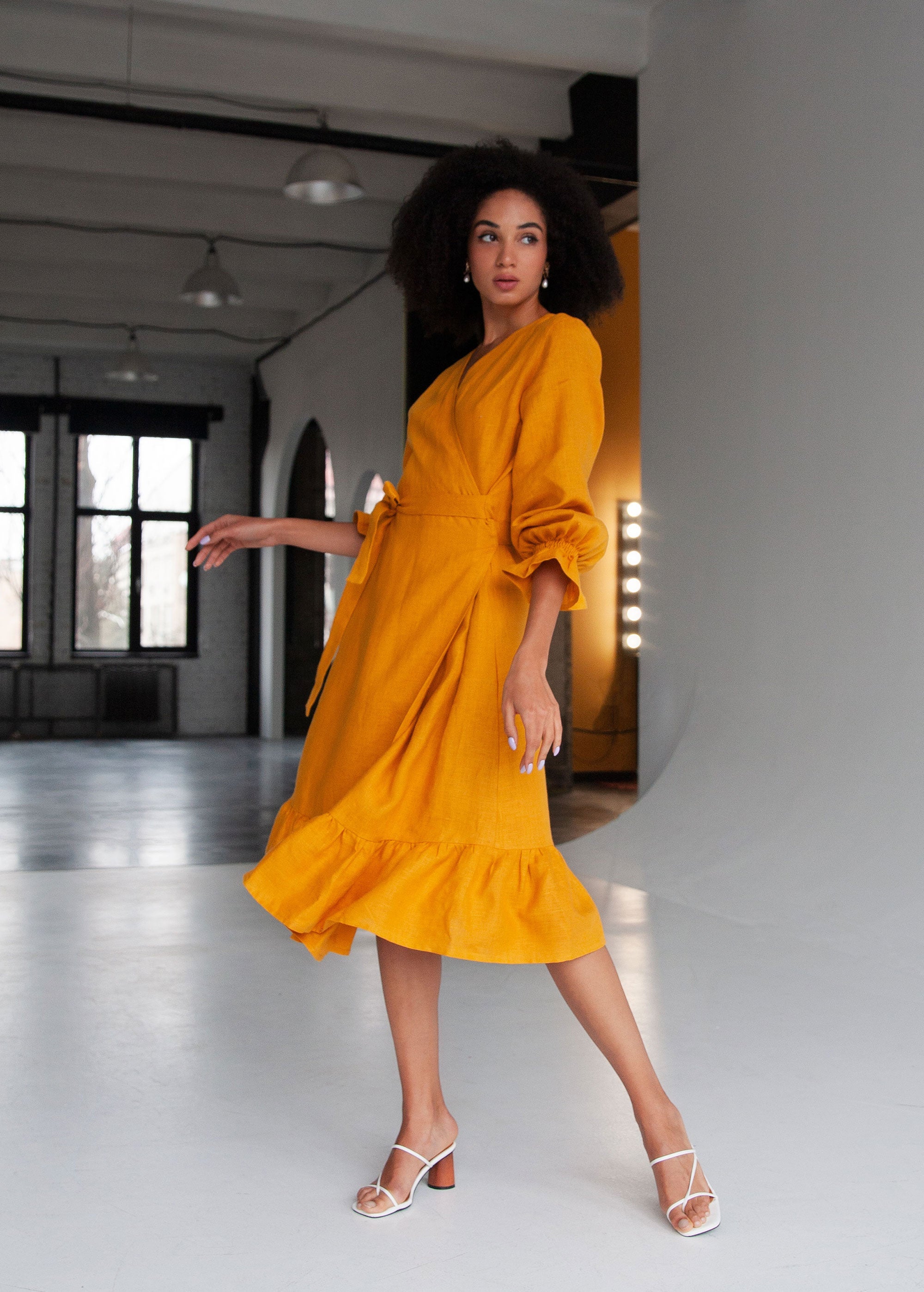 "Jennifer" Mustard Yellow Linen Wrap Dress
