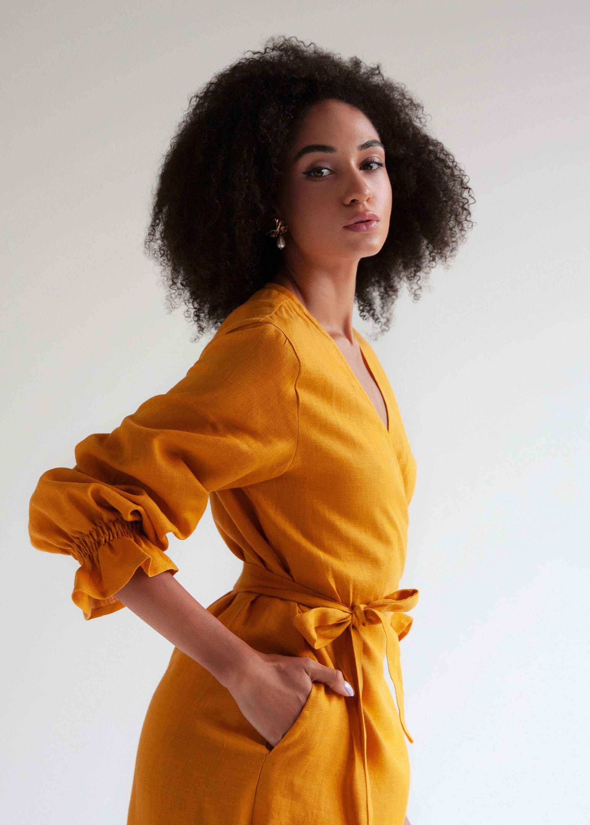 "Jennifer" Mustard Yellow Linen Wrap Dress