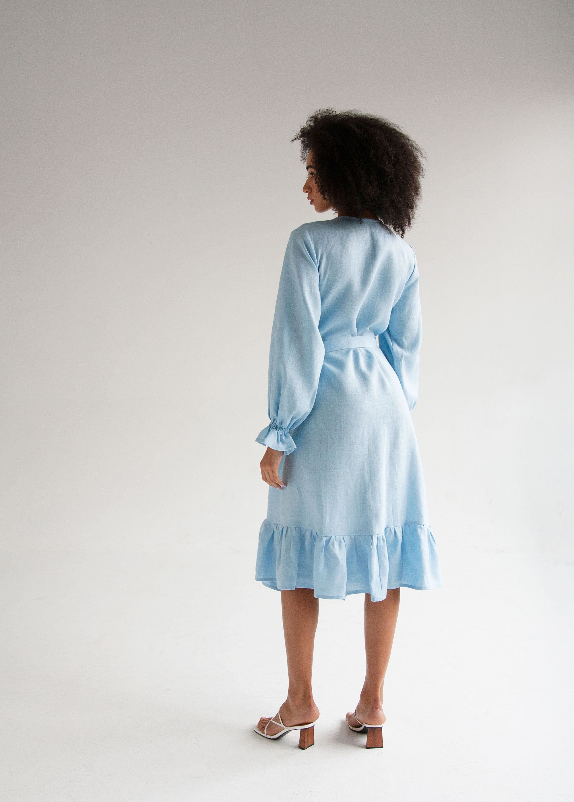 "Jennifer" Sky Blue Linen Wrap Dress