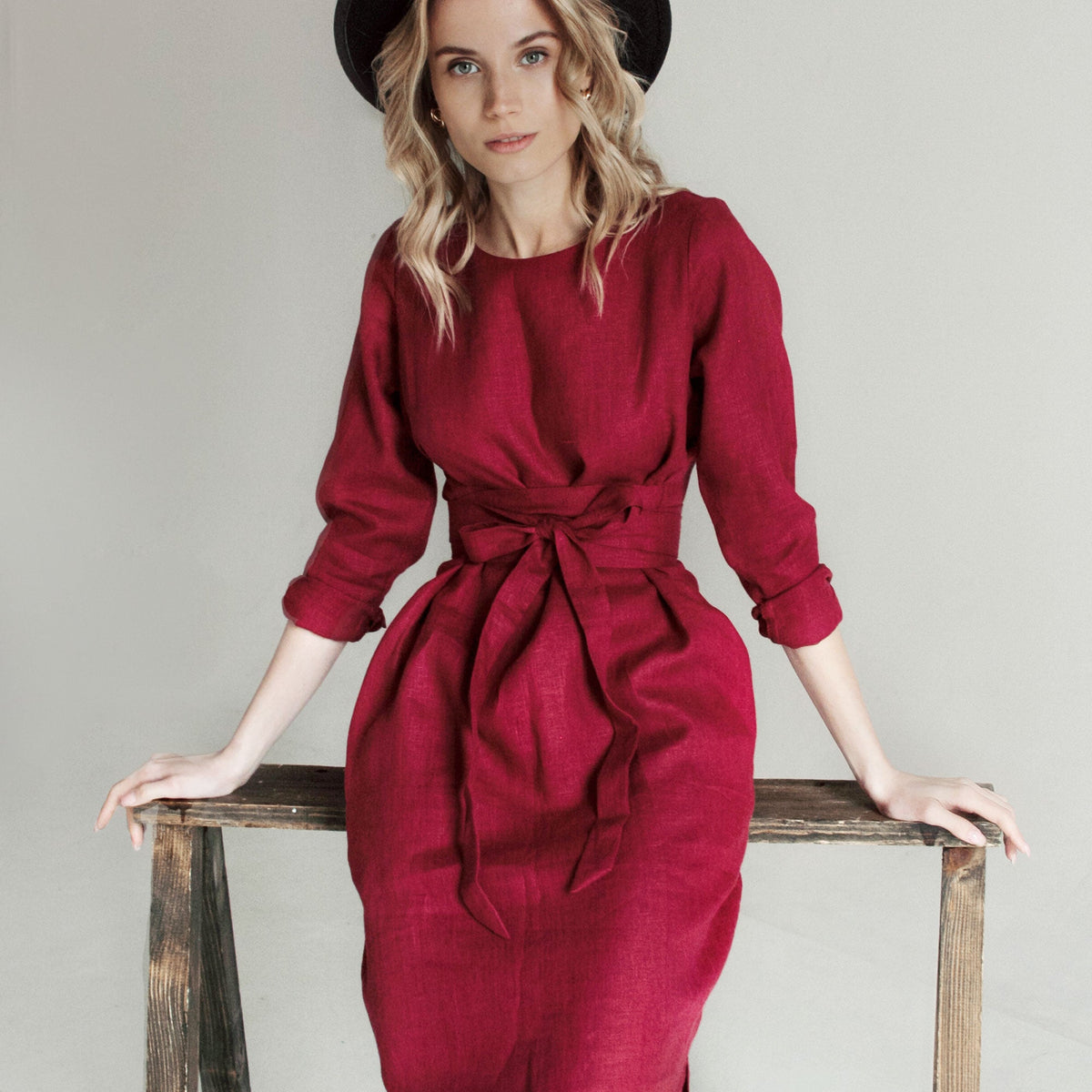 Long sleeve burgundy linen dress, burgundy midi dress | Nich Linen Long sleeve burgundy linen dress, burgundy midi dress | Nich Linen