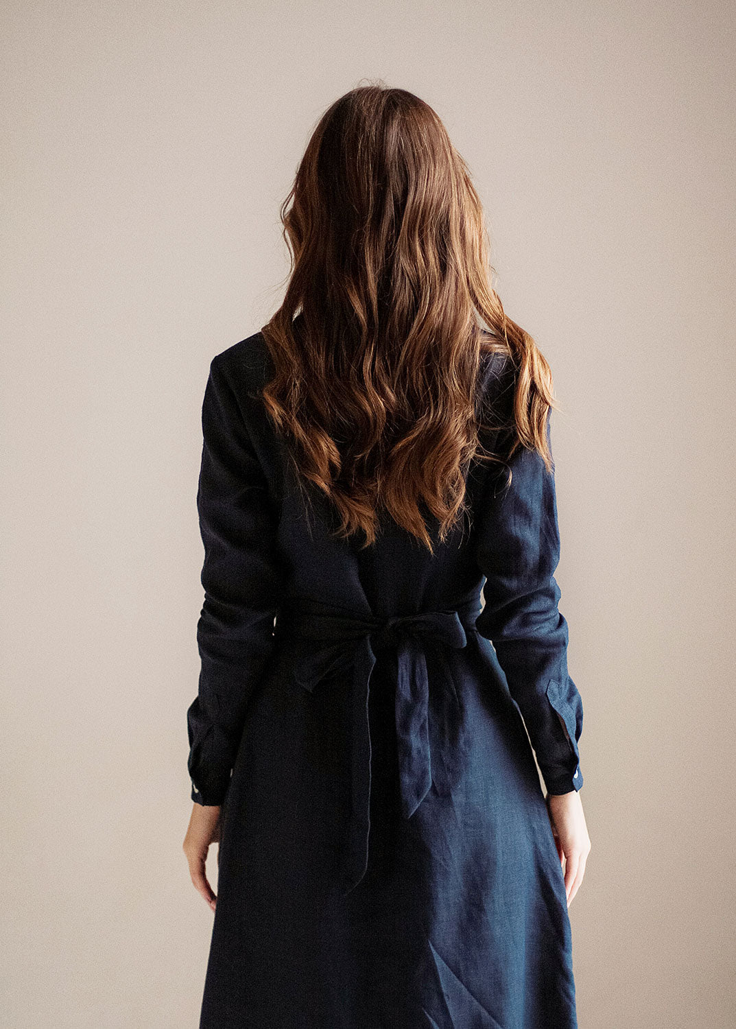 "Janet" Linen Navy Blue Maxi Dress with sleeves