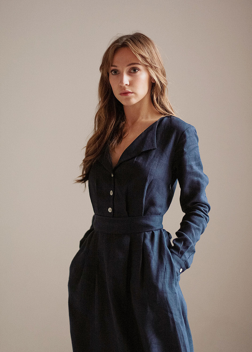 "Janet" Linen Navy Blue Maxi Dress with sleeves