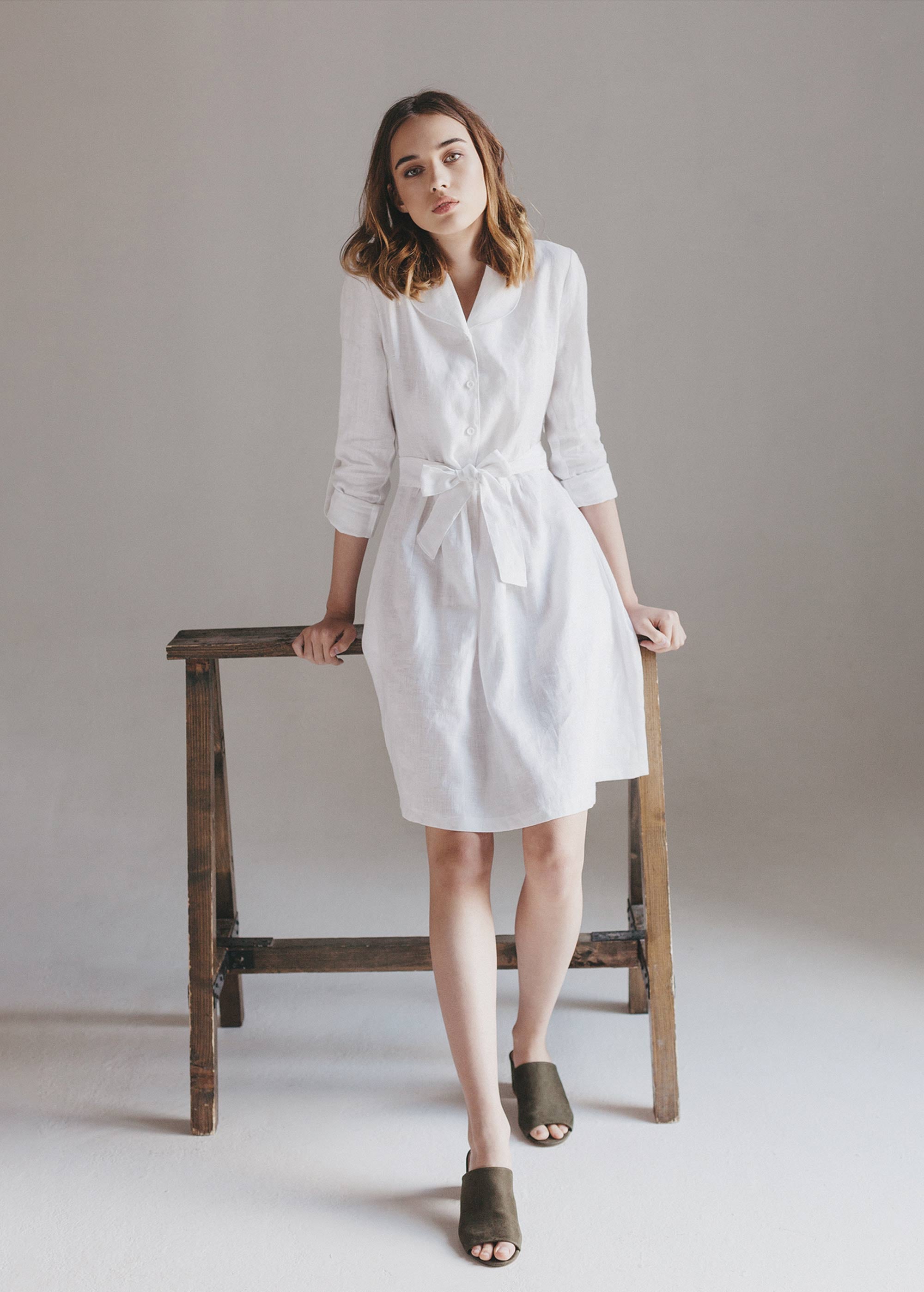 "Lily" White Button Front Linen Dress