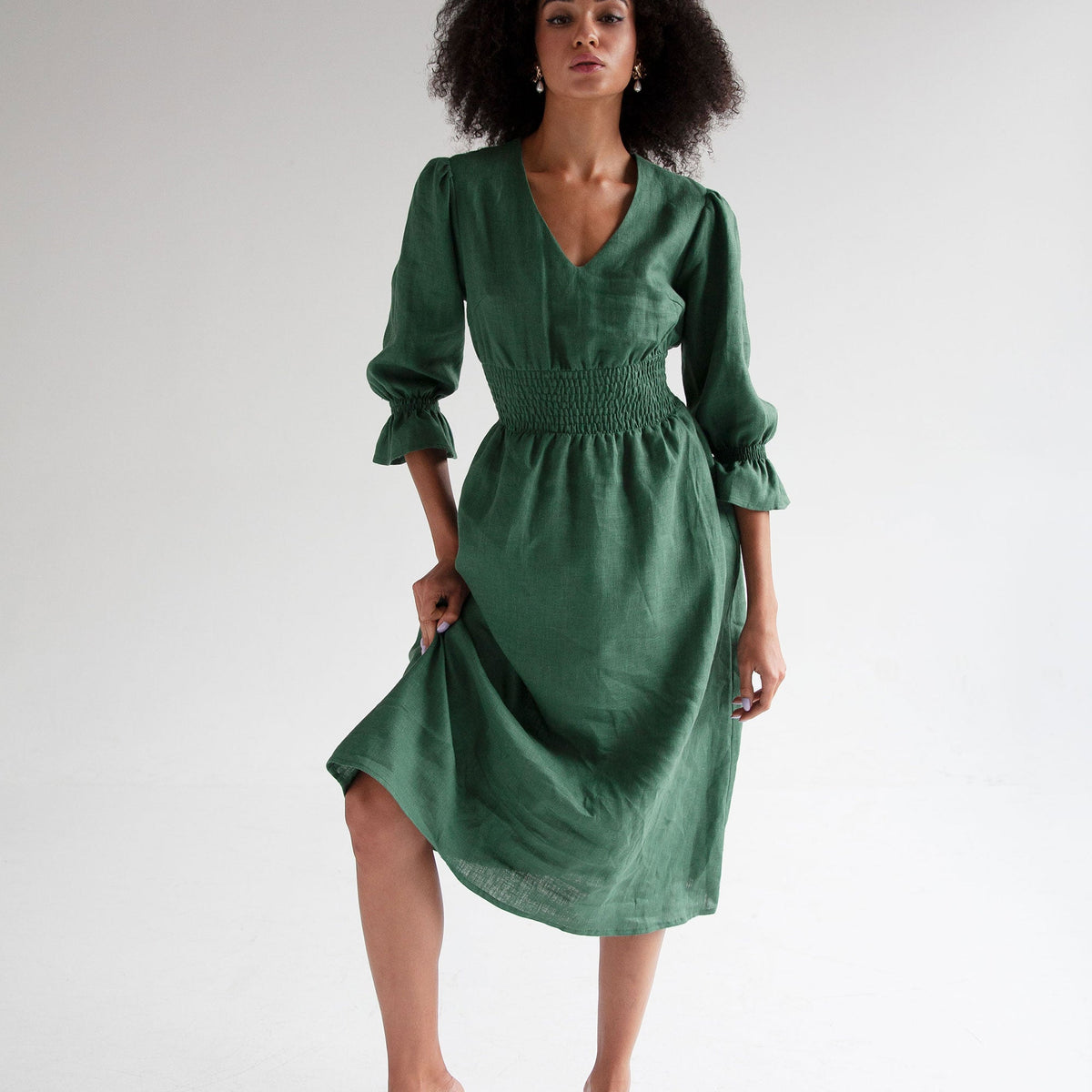 subdued green dress Curved Hem Sage Crinkled Silk Linen Dress – grizas.com main image 1