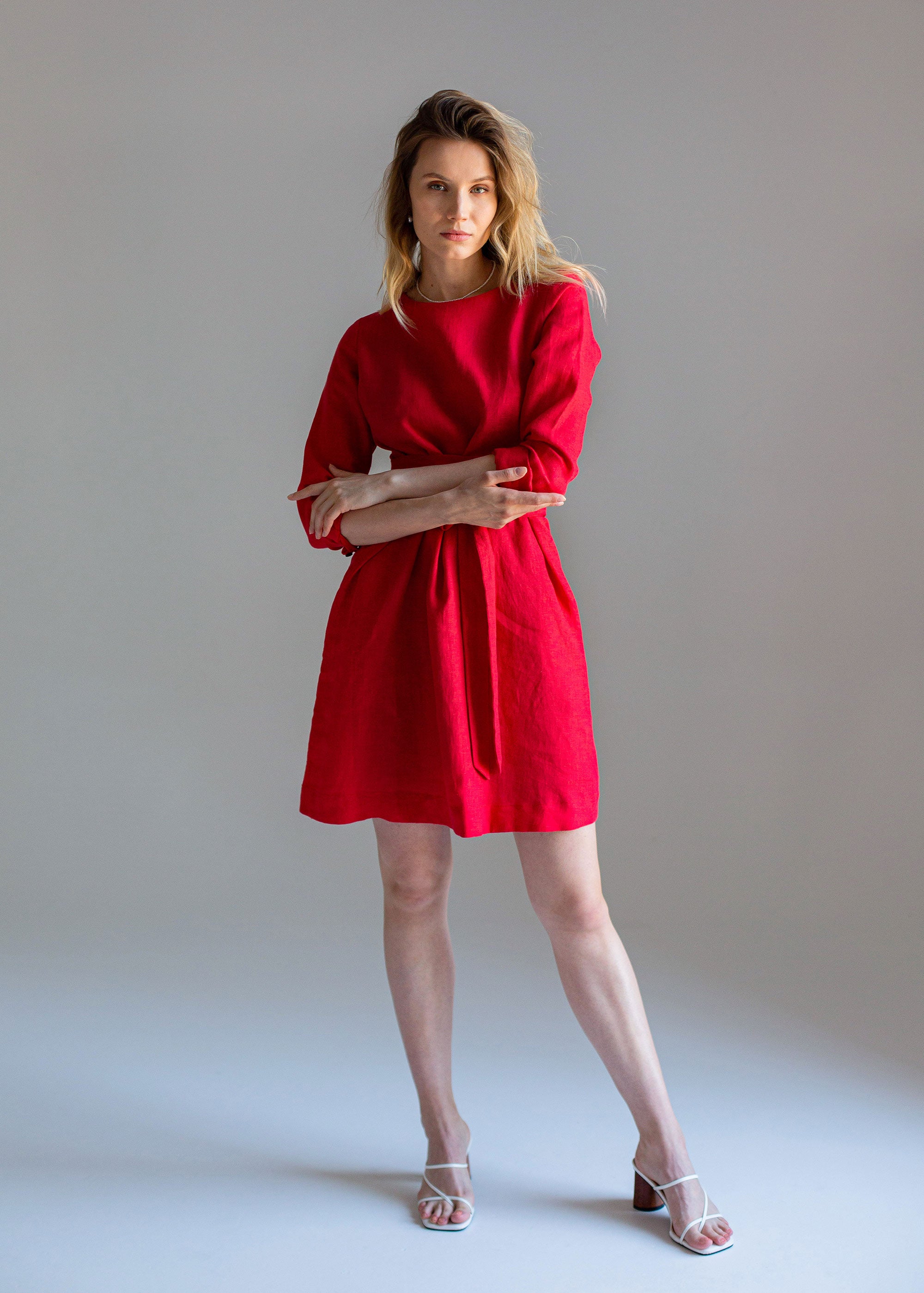 XS size "Audrey" Classic Red Mini Linen Dress